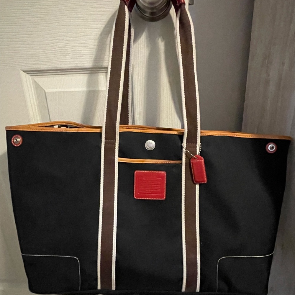 Coach Black Tote with Red and Brown Accents
